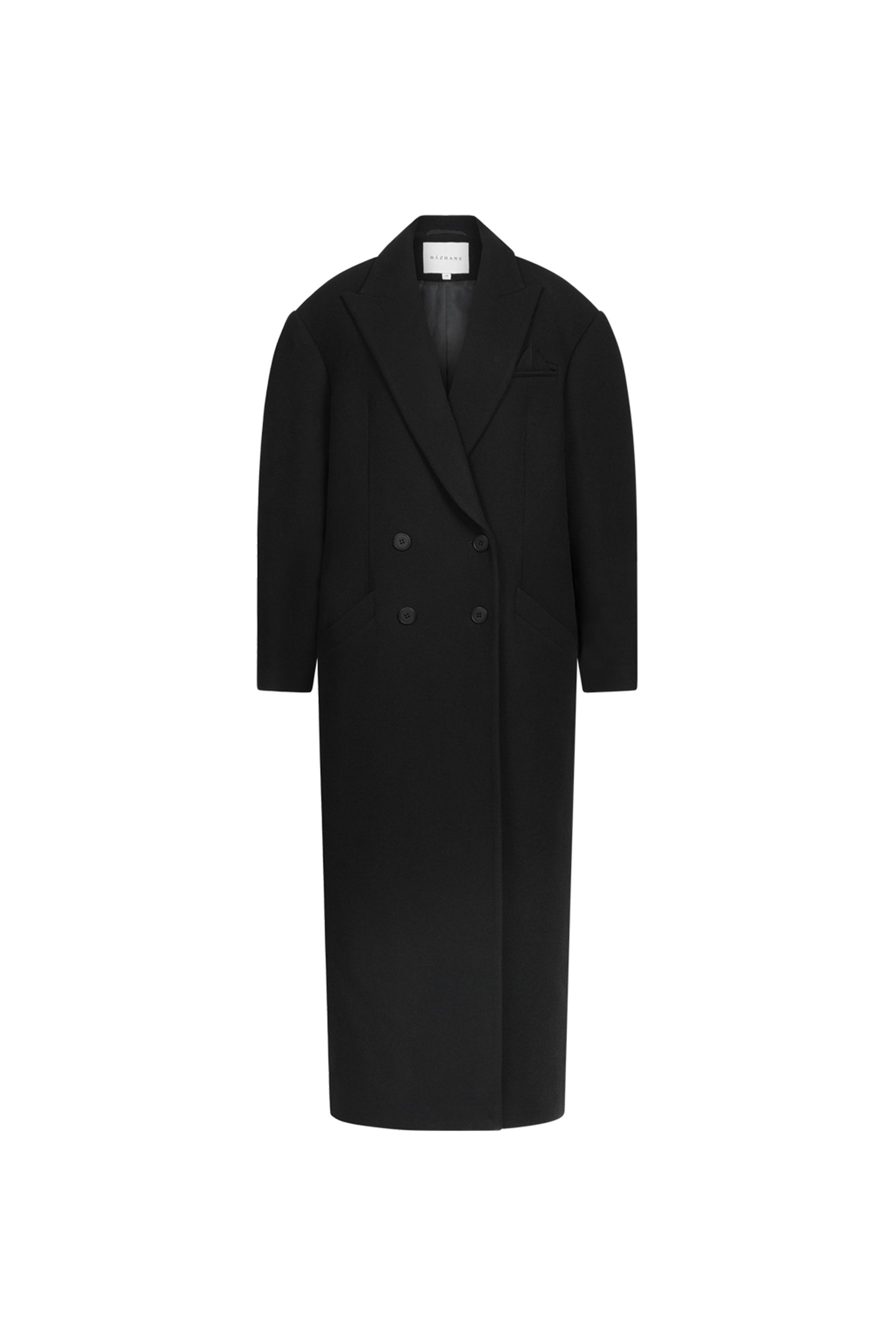 Czarny dwurzędowy płaszcz z akcentem na ramionach BÁZHANE z wełny virgin wool